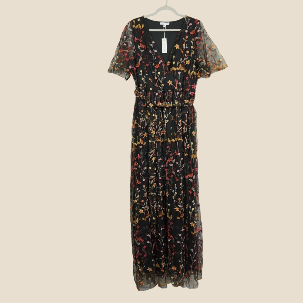 Baltic Born 2XL Katya Floral Sheer Embroidered Maxi Dress Black Floral Butterfly